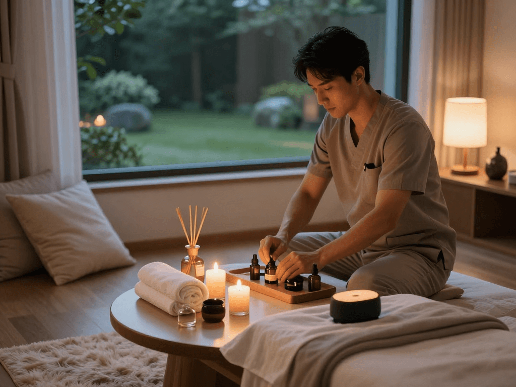 Relaxing setup for 용산출장안마 with a professional therapist preparing oils in a serene home environment.