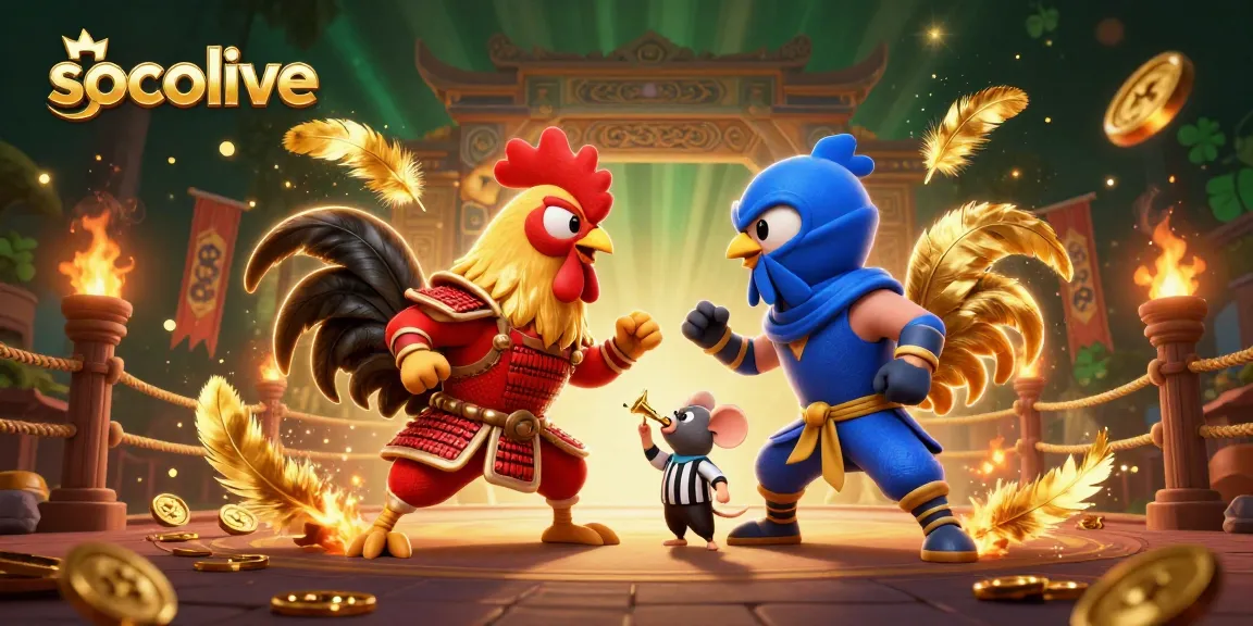 Socolive engages players with thrilling cartoon roosters in a fierce duel surrounded by golden feathers and betting tokens.