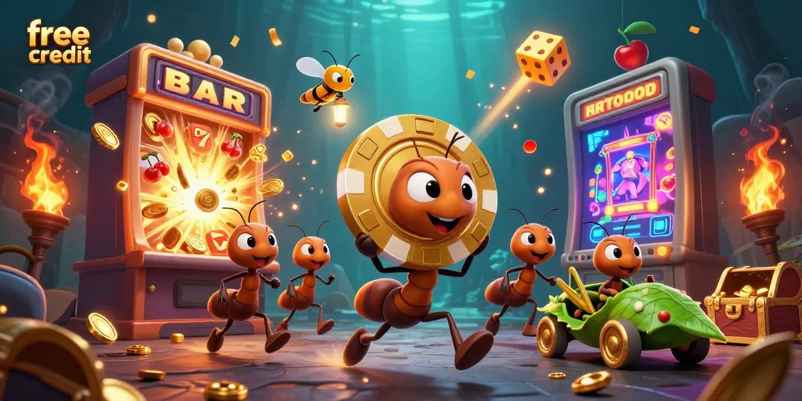 Experience free credit with thrilling ant heist for jackpot rewards in this vibrant casino scene.