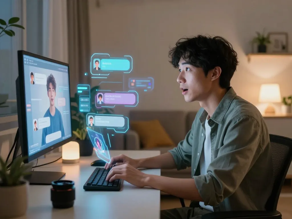 User engaging with an AI sex chat in a modern digital environment, showcasing interaction with customizable avatars.