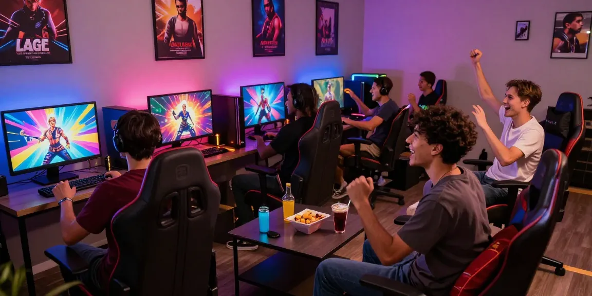 Engaged group playing gay porn games in colorful gaming lounge atmosphere.