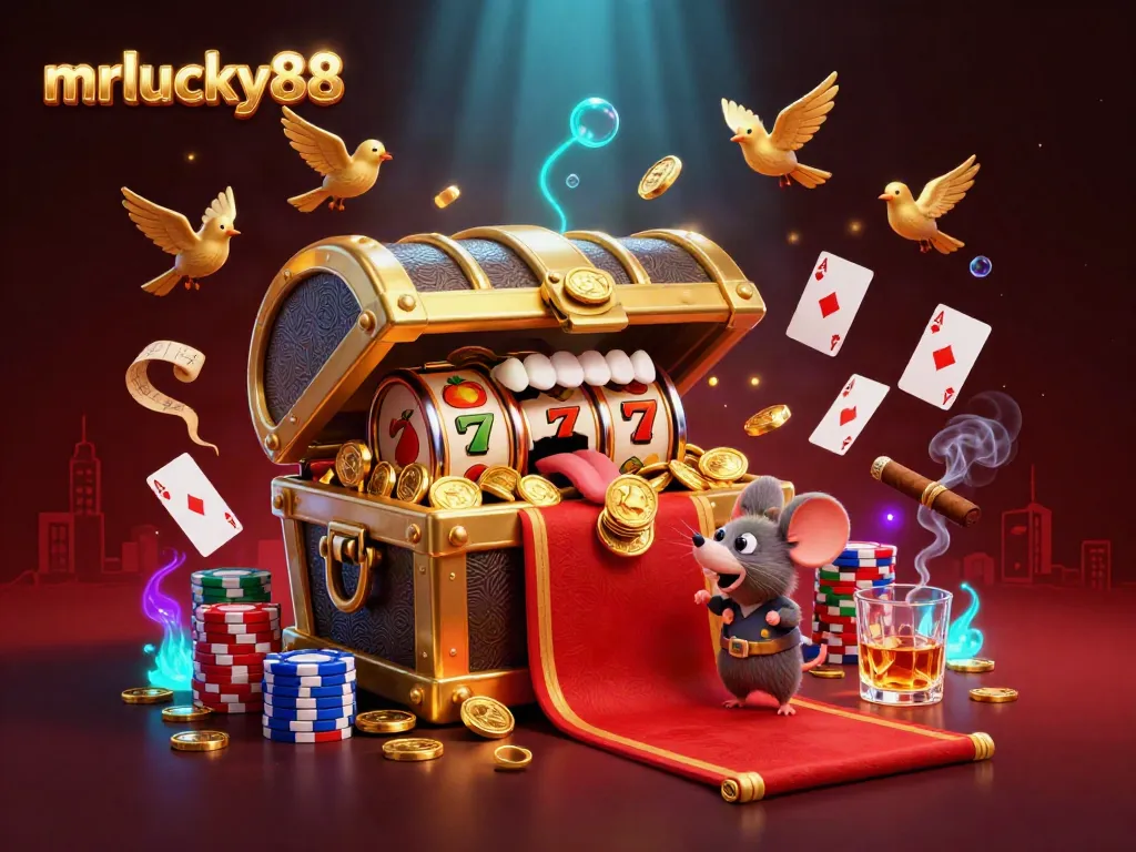 Experience the thrill of mrlucky88 with dynamic gaming elements including slot reels and poker cards.