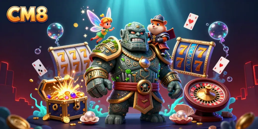 Experience thrilling slots and magical adventures with CM8's vibrant golem guardian illustration.