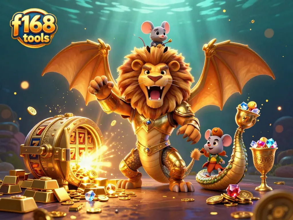 Engage with f168 tools through a vibrant casino adventure featuring golden treasures and slot elements.