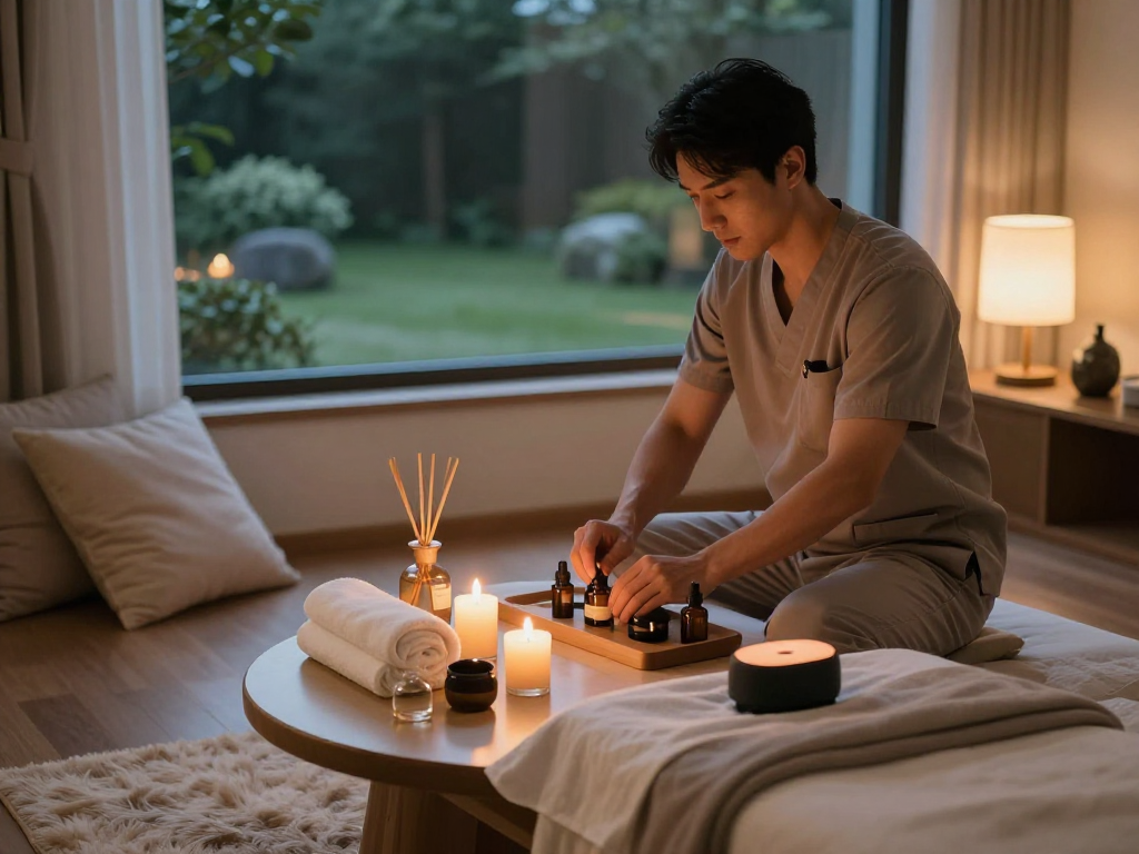 Relaxing setup for 용산출장안마 with a professional therapist preparing oils in a serene home environment.