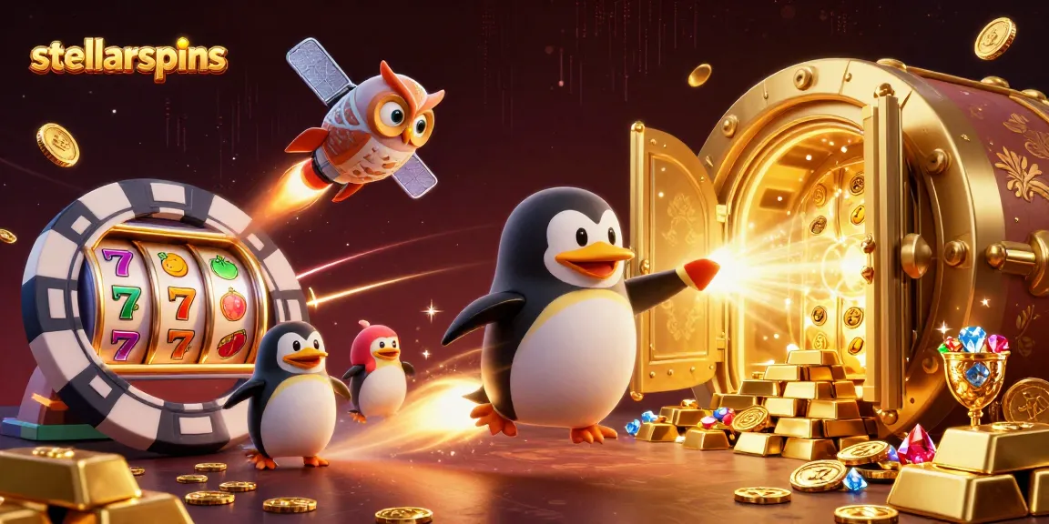 Play slots with stellarspins as a golden penguin rockets through vibrant casino treasures!