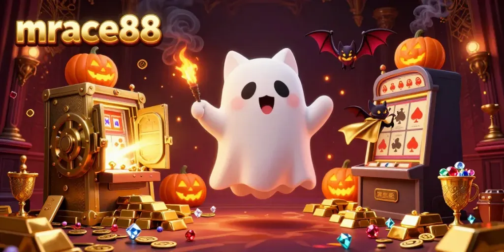 Experience excitement at mrace88 with a floating ghost cat, vampire bat, and golden treasures in a spooky casino.