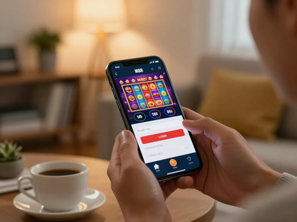 M88 login mobile interface displayed on a smartphone as the user engages in online gaming from a cozy home setting.