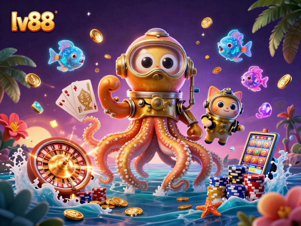 Spin the roulette and win at lv88 with an exciting 3D cartoon casino adventure scene.