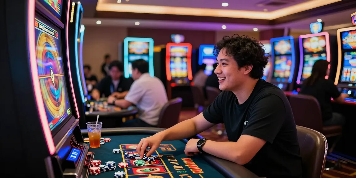 Exciting casino scene featuring a player experiencing slot gacor malam ini with vibrant lights and playful atmosphere in the evening.