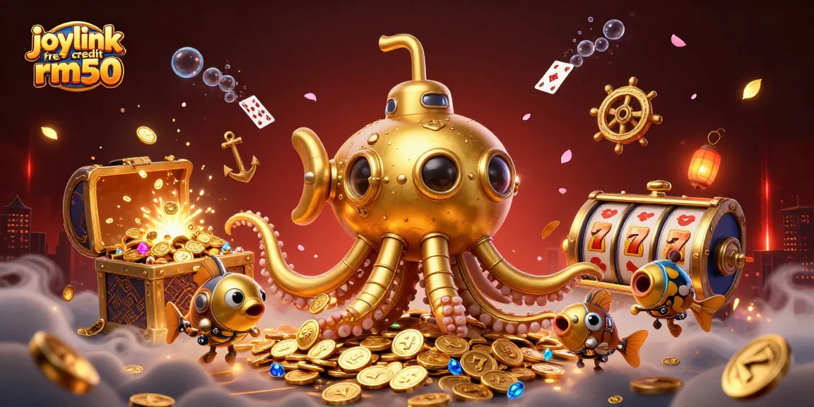 Experience the thrill of win with joylink free credit rm50 in a vibrant underwater casino scene featuring playful elements.