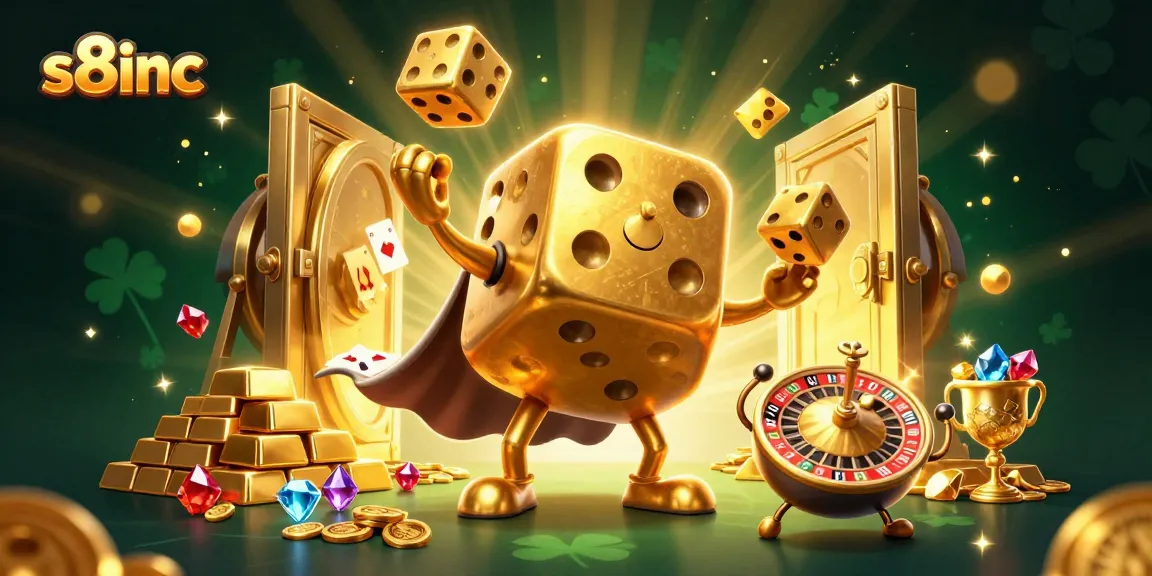 S8inc showcases vibrant casino excitement with golden dice, gems, and a roulette ball in a dynamic scene.