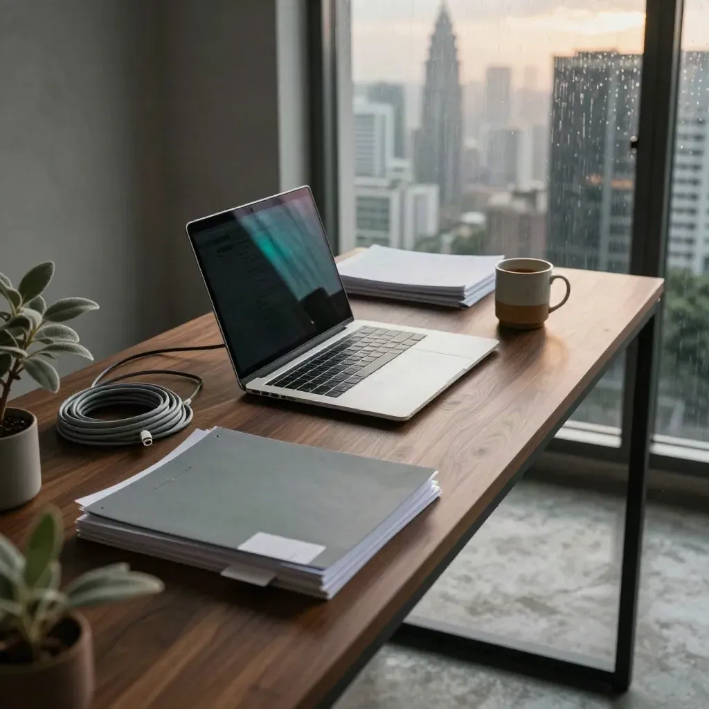 Meja kerja SEO premium di studio Kuala Lumpur selepas hujan monsun, dengan laptop, fail audit dan kabel
