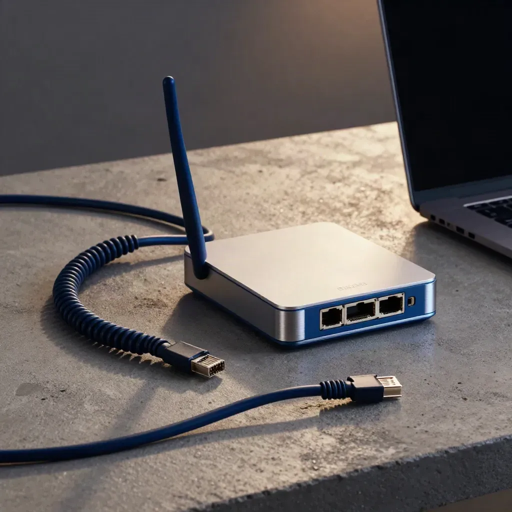Penguji ethernet, kabel bergulung, router kecil dan laptop separuh tertutup di atas konkrit.