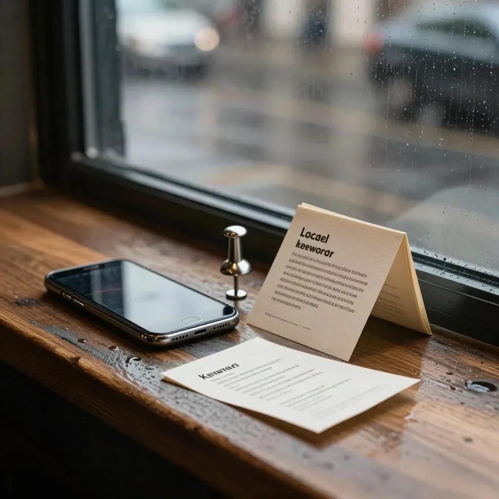 Telefon, arca pin lokasi dan kad lipat di ambang tingkap kafe hujan.