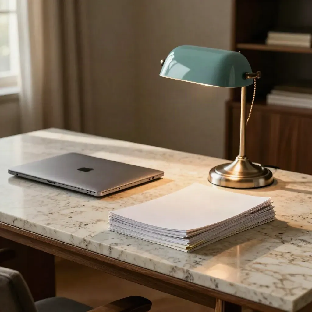 Meja audit laman dengan laptop tertutup, kertas bertindan dan lampu meja, disinari cahaya petang.