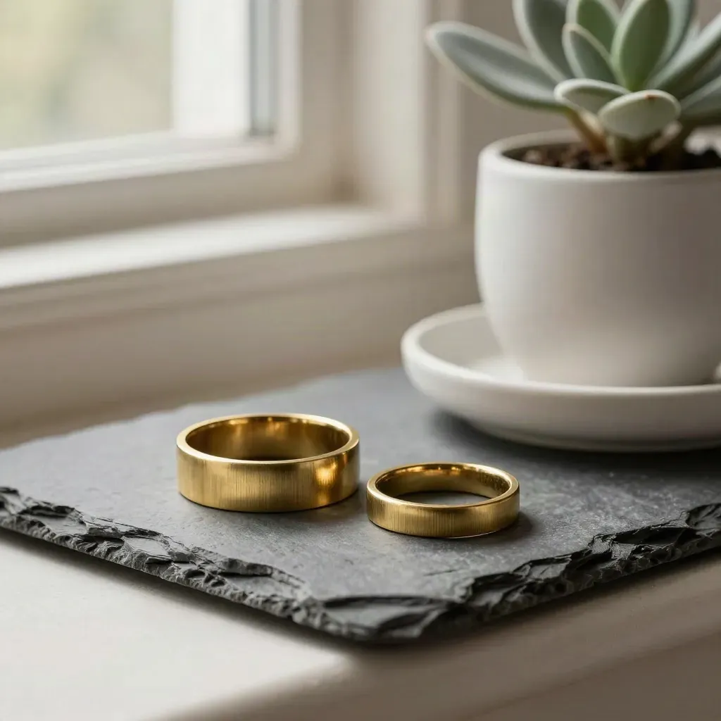 Cincin loyang, pokok kecil dan bekas seramik di rak batu sabak.