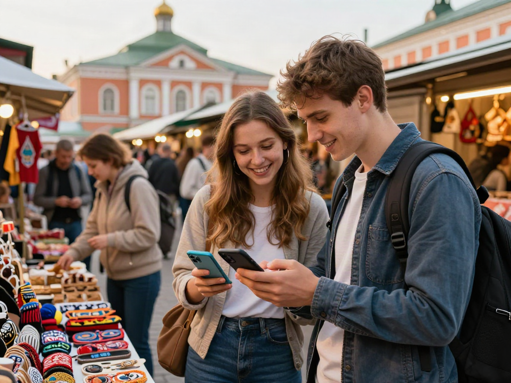 Pengunjung menggunakan https://payinrussia.com/ untuk pembayaran di pasar Rusia dengan suasana meriah.