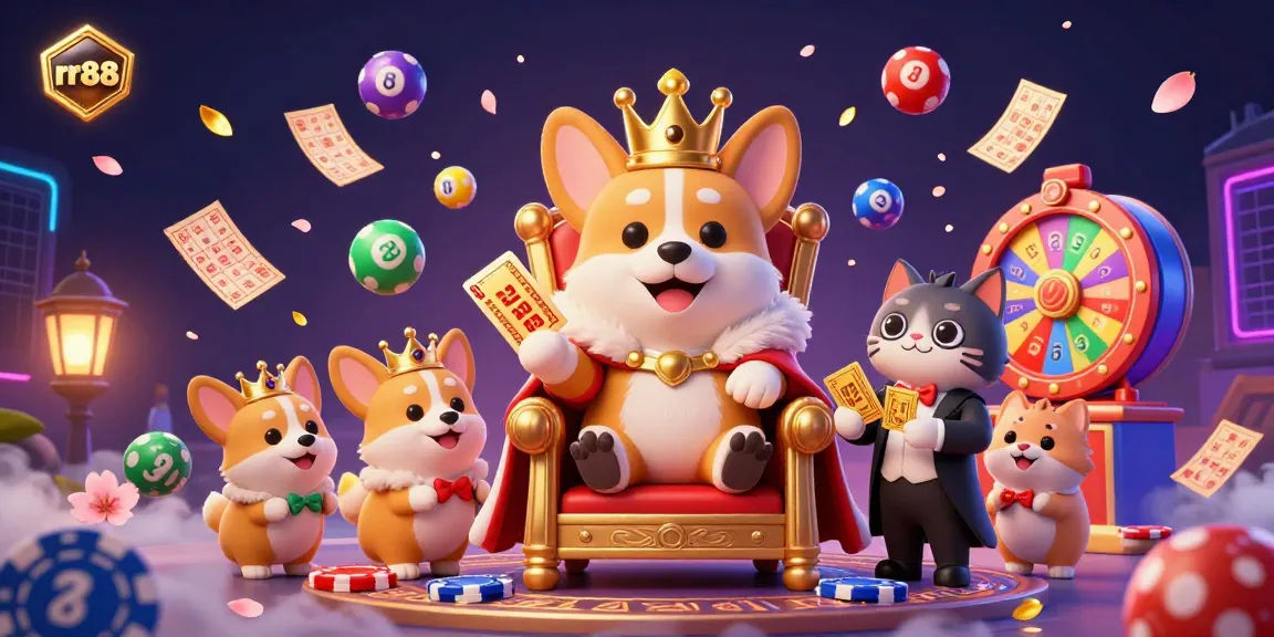 Experience rr88's vibrant lottery scene with animated characters and dynamic gambling elements in this engaging illustration.