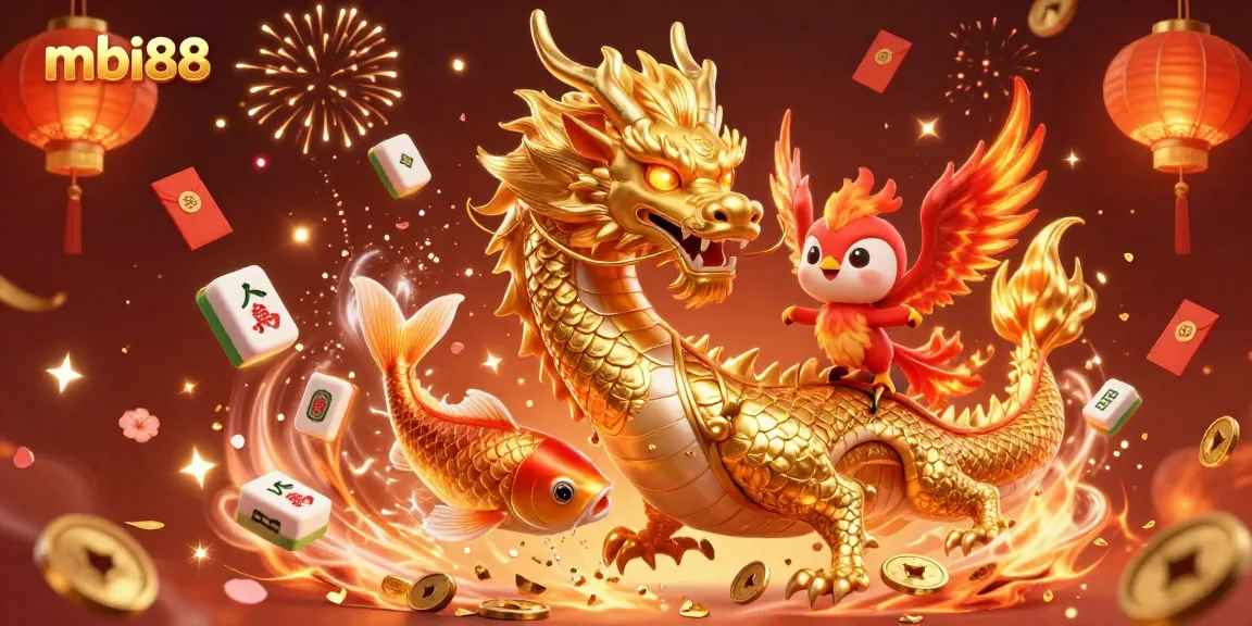 Experience exhilarating gameplay at mbi88, featuring a dynamic dragon, vibrant casino elements, and festive atmosphere.