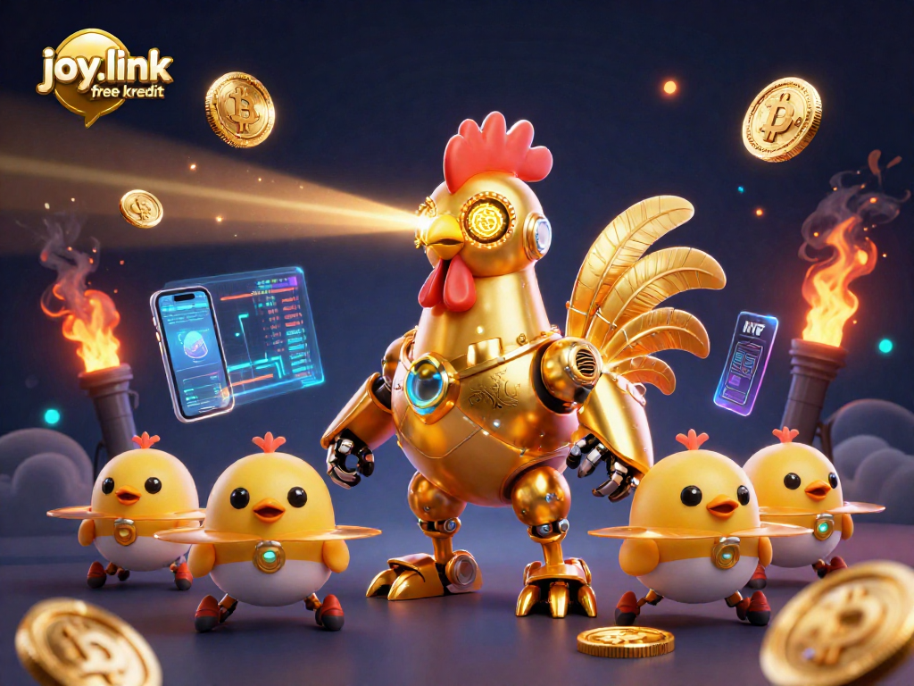 Engage with joy.link free kredit in a vibrant 3D illustration showcasing retro-futuristic gaming elements.