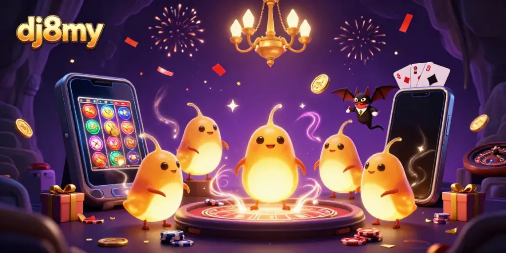 Experience the vibrant action at dj8my's casino with glowing glowworms and exciting game elements.