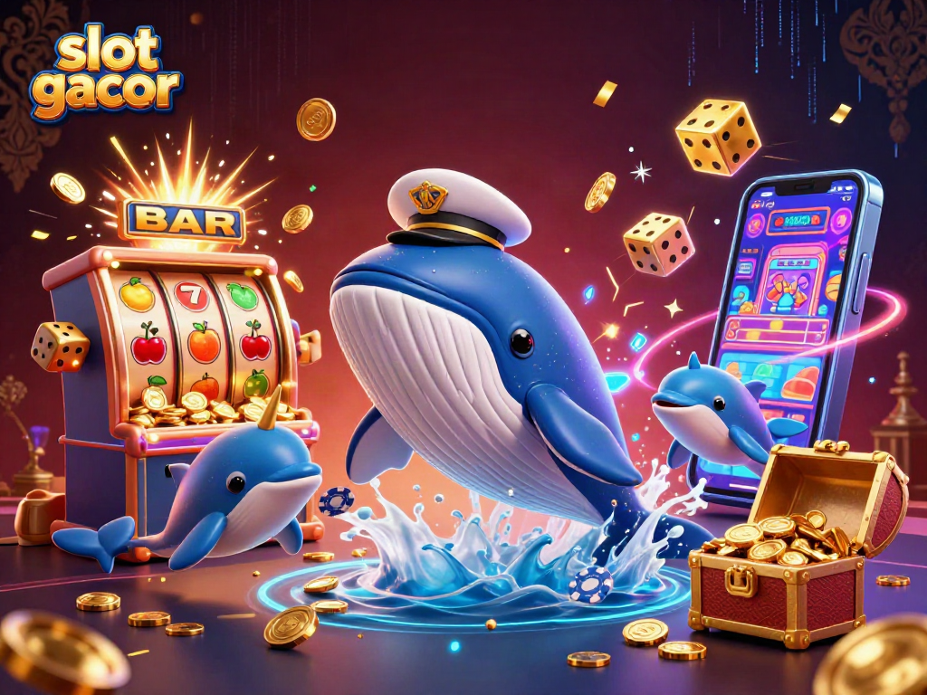 Experience the excitement of slot gacor with a whimsical underwater casino explosion featuring a whale and playful dolphins.