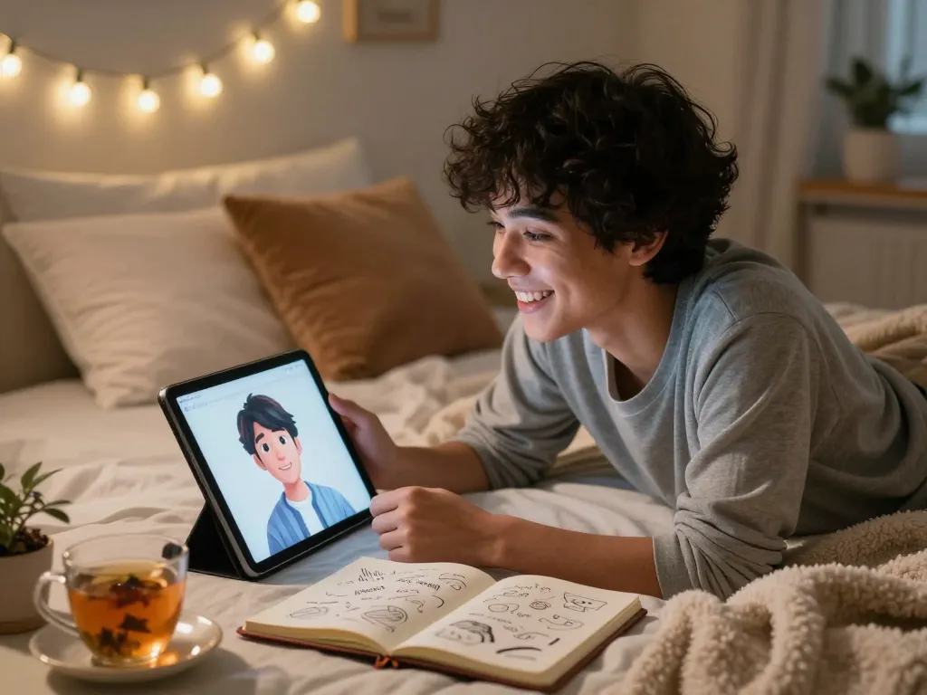 Engaging in playful AI chat NSFW in a cozy bedroom with warm lighting.