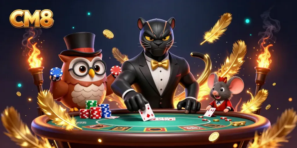 Experience exciting poker action at CM8 Casino with charming characters and immersive elements.