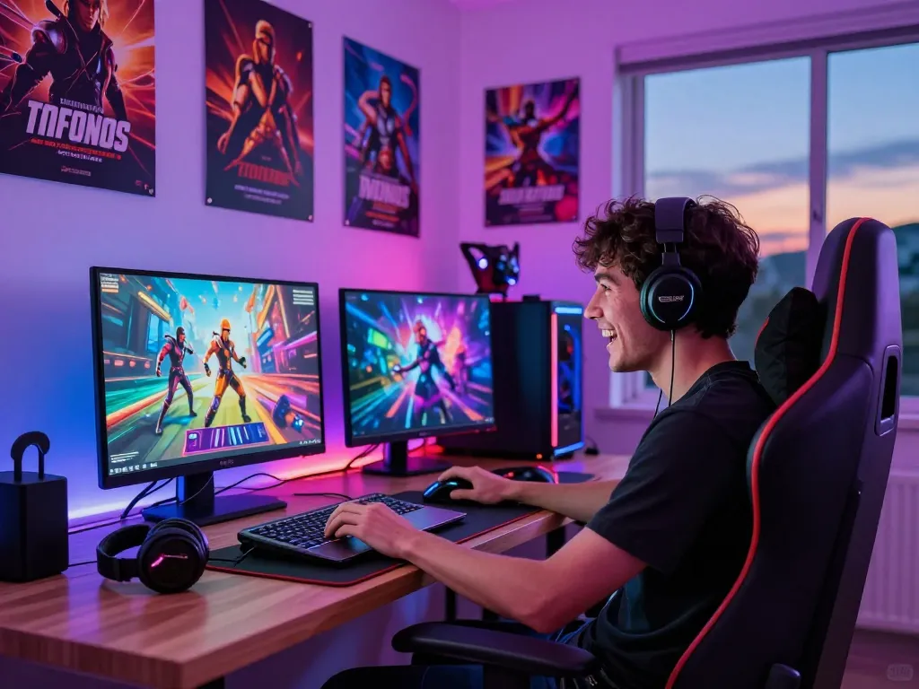 Engaged player enjoying a thrilling porno game in a vibrant gaming setup with RGB lighting.
