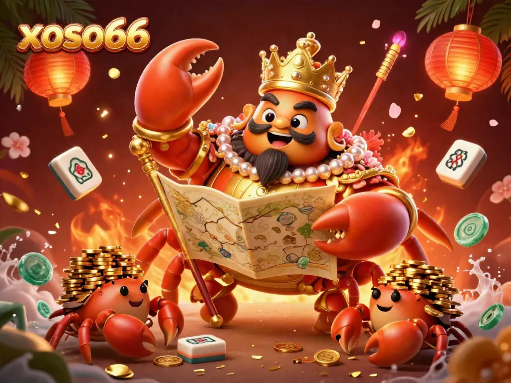 Experience the excitement at xoso66 with a 3D crab emperor overseeing a vibrant online casino scene filled with treasures.