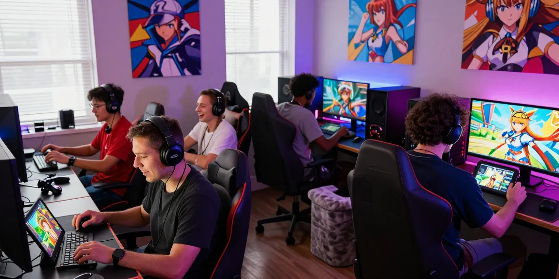 Players enjoying an ecchi game in a vibrant gaming room with colorful artwork and interactive devices.