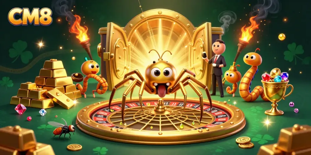 Spin the roulette with CM8 in this vibrant casino scene featuring a golden spider and croupier.