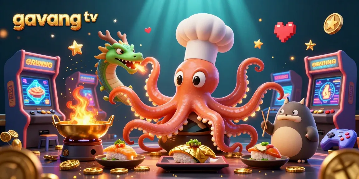 Experience vibrant gaming action with gavang tv's colorful casino scene featuring a sushi chef octopus and dragon.