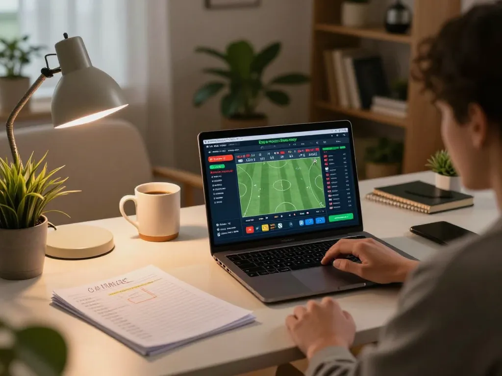 Engaged in sports betting with keo nha cai hom nay displayed on the laptop, showcasing strategy and betting details.