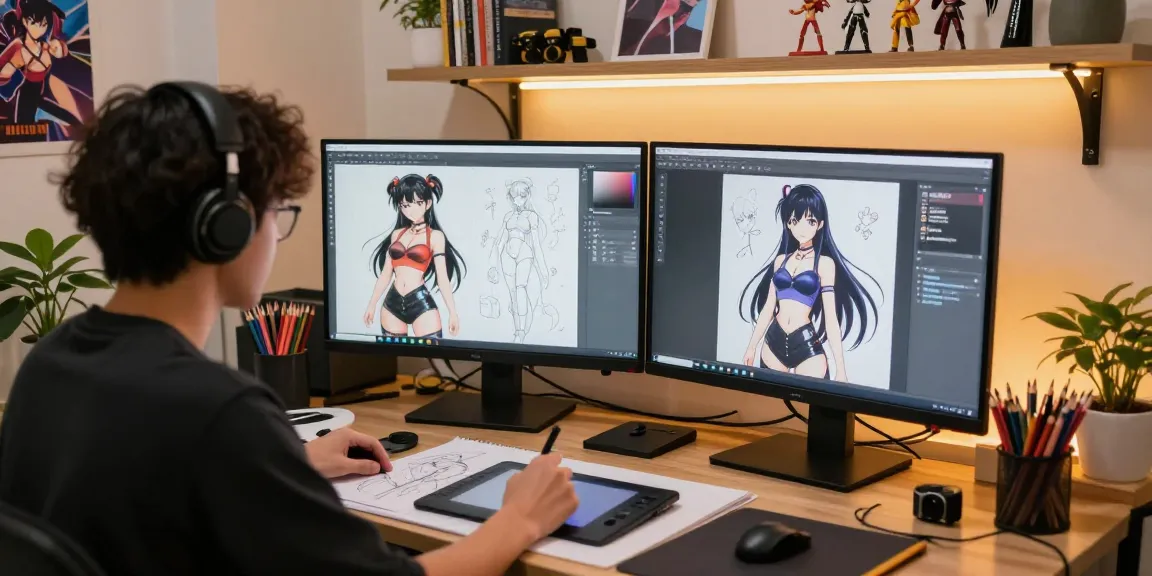 Creating stunning AI ecchi illustrations in a vibrant digital studio featuring dynamic character designs.