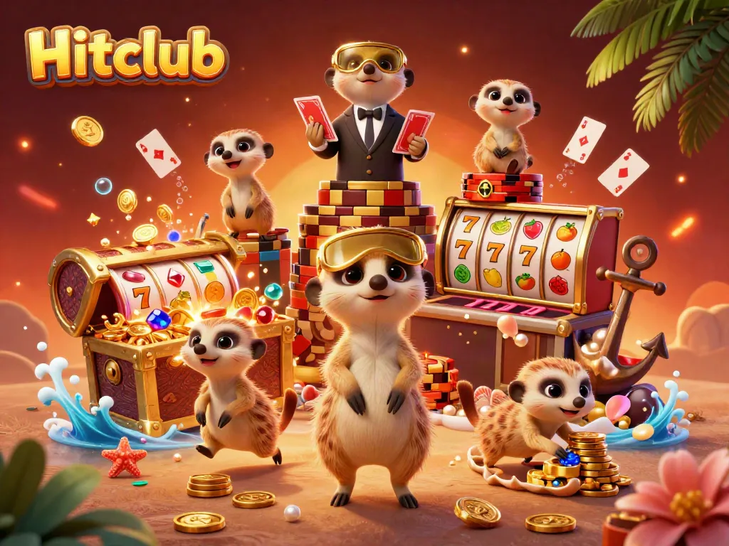 Experience the excitement of Hitclub with meerkats managing a vibrant casino, showcasing lively gaming elements.