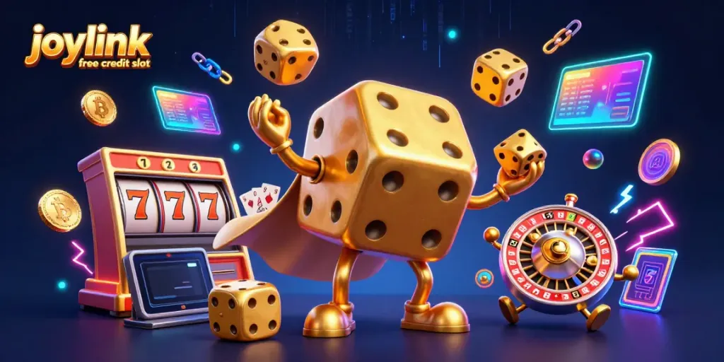 Experience the thrill of joylink free credit slot with dynamic 3D characters amidst vibrant casino elements.