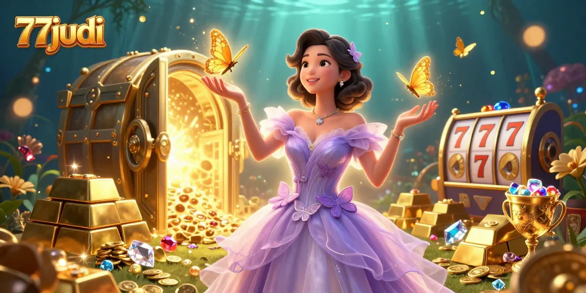Win at 77judi with a vibrant casino scene showcasing slot games and golden treasures.
