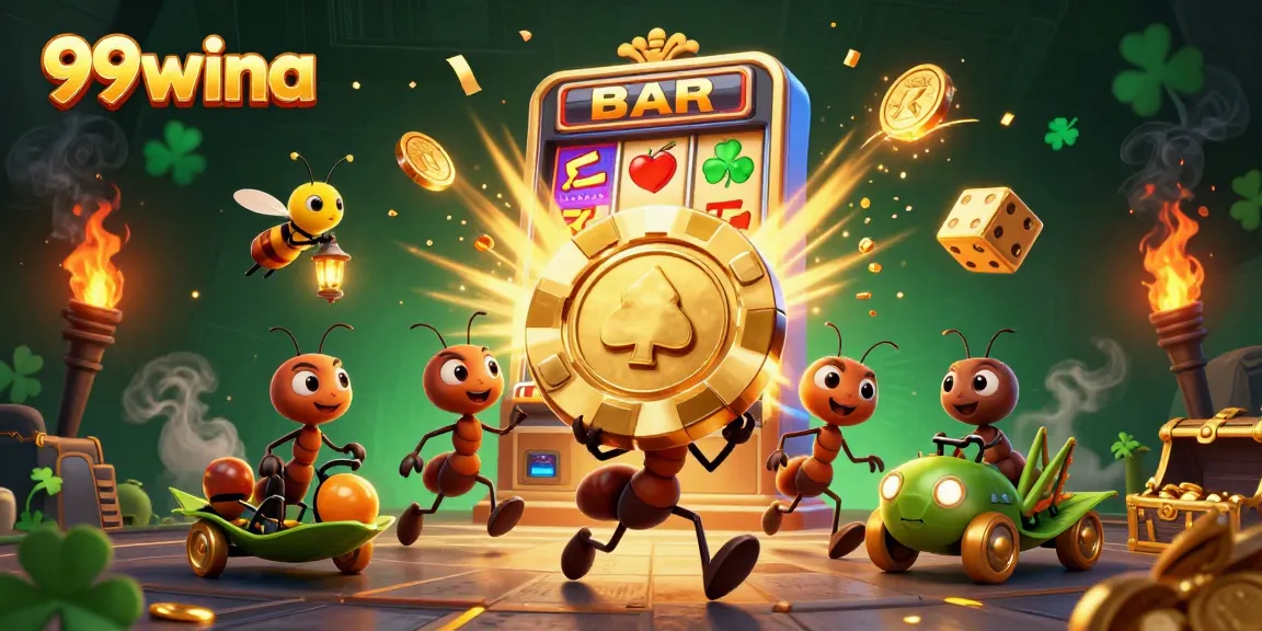 99wina's ants embark on a thrilling heist with casino elements in a vibrant 3D scene.