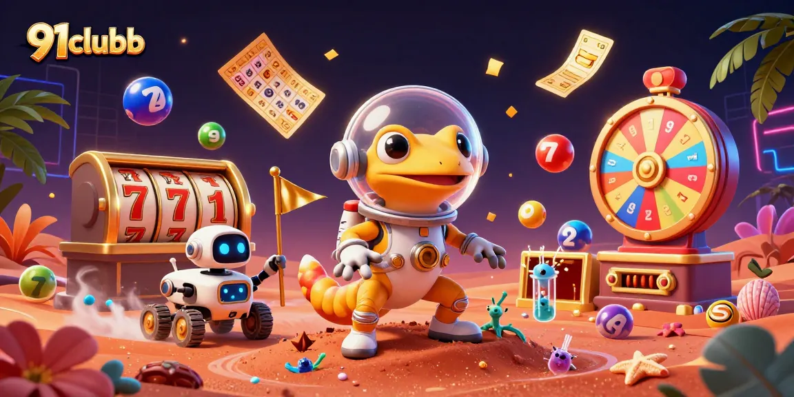 Engage with 91clubb, featuring a Martian gecko discovering a golden casino surrounded by dynamic game elements.
